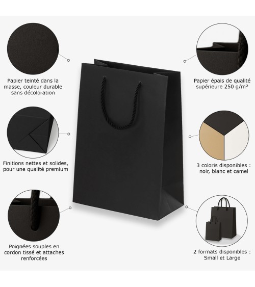 Sacs papier personnalisés luxe noir grand format vierge Antarell en papier premium avec anses cordon