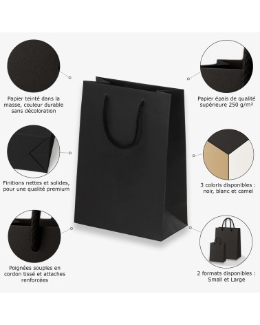 Détail du sac cadeau noir Antarell en papier épais 250 g avec anses tressées