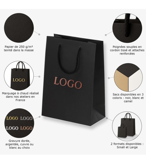 Sacs papier personnalisés noir petit format Antarell personnalisé avec marquage cuivré à chaud raffiné Sacs papier personnalisés noir petit format Antarell personnalisé avec marquage cuivré à chaud raffiné