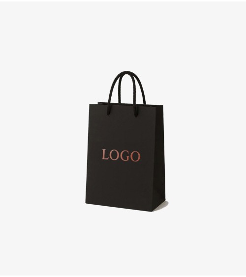 Sacs papier personnalisés noir petit format Antarell personnalisé avec marquage cuivré à chaud raffiné