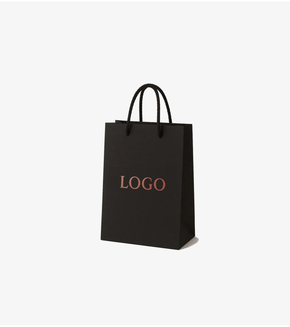 Sacs papier personnalisés noir petit format Antarell personnalisé avec marquage cuivré à chaud raffiné Sacs papier personnalisés noir petit format Antarell personnalisé avec marquage cuivré à chaud raffiné