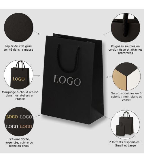 Sacs papier personnalisés noir petit format Antarell avec logo argenté gravé à chaud Sacs papier personnalisés noir petit format Antarell avec logo argenté gravé à chaud