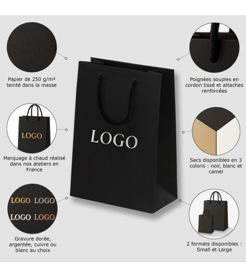 Sac papier personnalisés noir petit format Antarell avec gravure à chaud blanche moderne