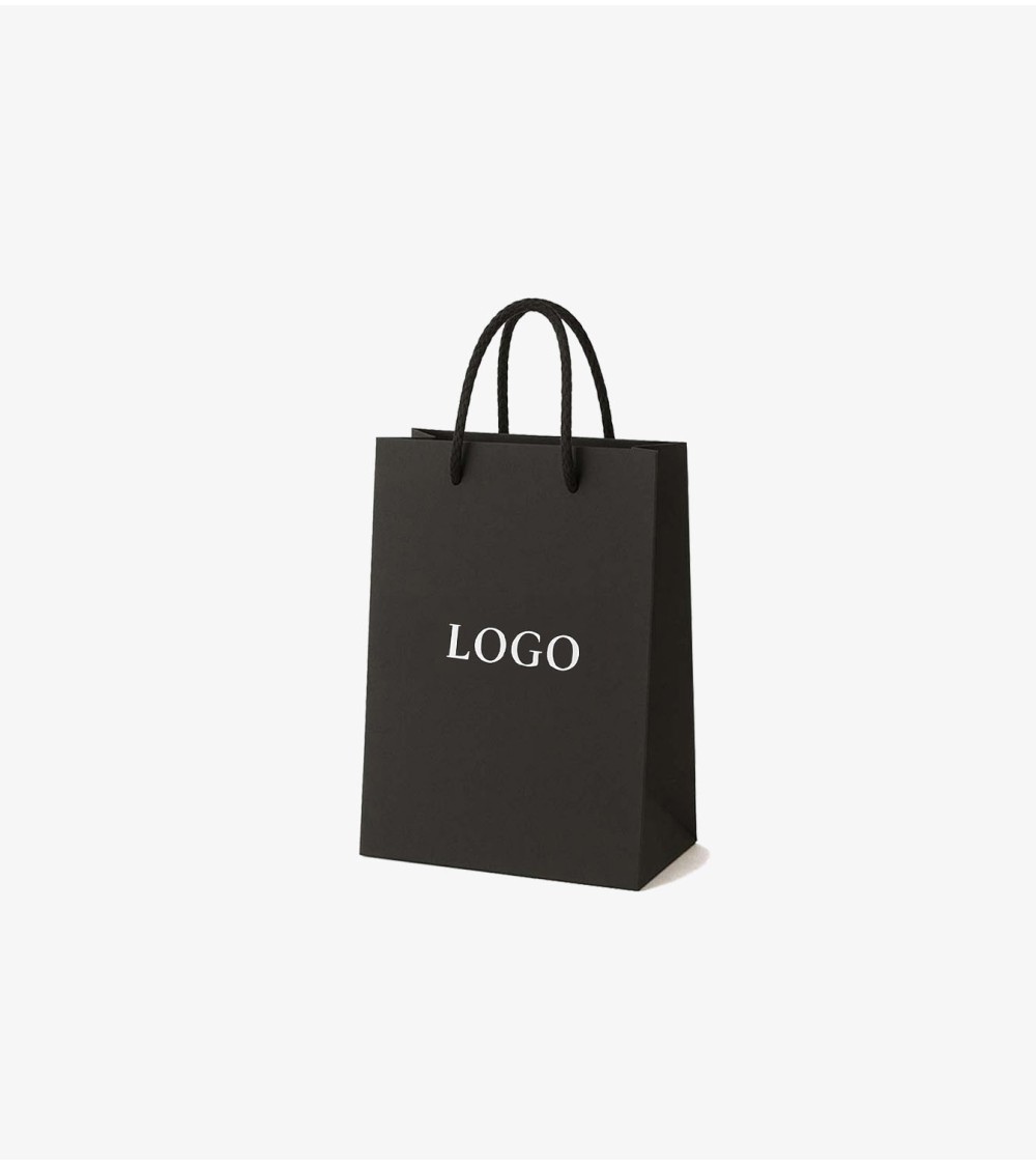 Sac papier personnalisés noir petit format Antarell avec gravure à chaud blanche moderne