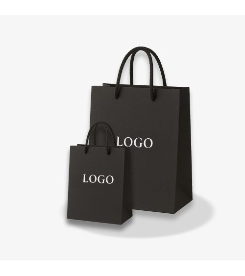 Sac papier personnalisés noir petit format Antarell avec gravure à chaud blanche moderne Sac papier personnalisés noir petit format Antarell avec gravure à chaud blanche moderne