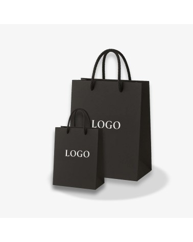 Sac cadeau noir Antarell personnalisé en blanc disponible en deux formats pratiques