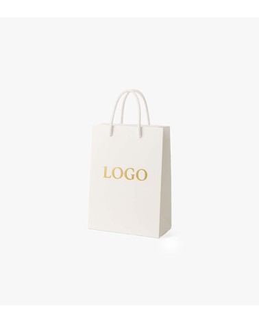 Sacs papier personnalisés blanc petit format Antarell avec marquage doré à chaud élégant