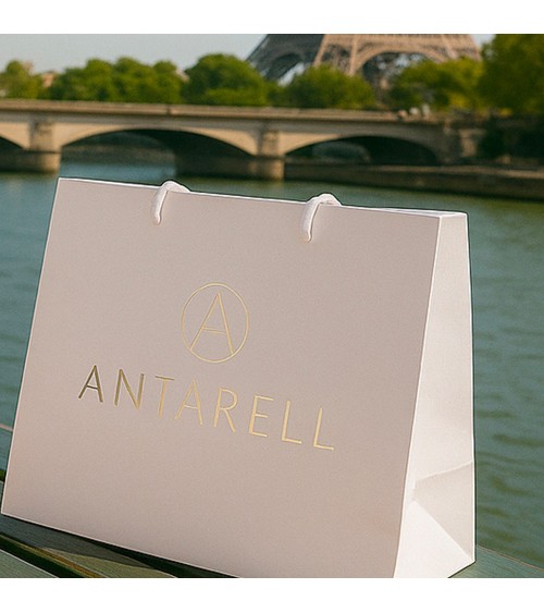 Sacs papier personnalisés blanc petit format Antarell avec marquage doré à chaud élégant Sacs papier personnalisés blanc petit format Antarell avec marquage doré à chaud élégant