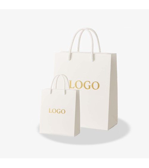 Sacs papier personnalisés blanc grand format Antarell avec gravure à chaud blanche contemporaine