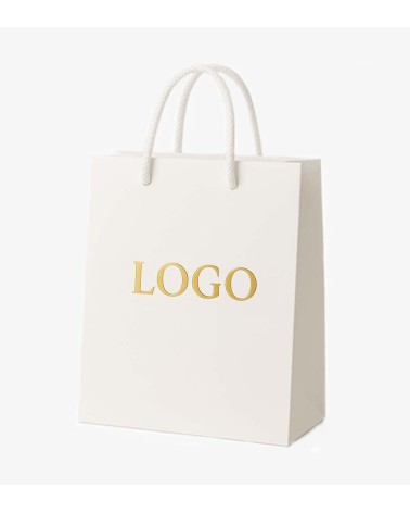 Sacs papier personnalisés blanc grand format Antarell avec marquage doré à chaud intemporel