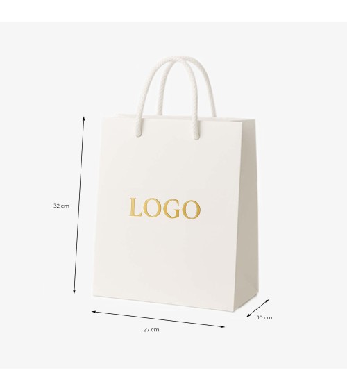 Sacs papier personnalisés blanc grand format Antarell avec marquage doré à chaud intemporel Sacs papier personnalisés blanc grand format Antarell avec marquage doré à chaud intemporel
