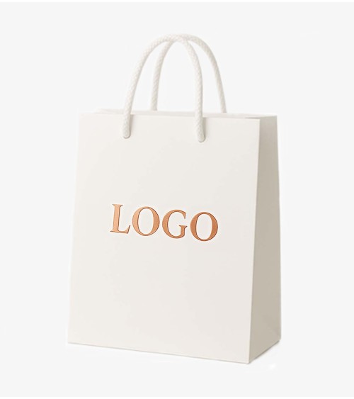 Sacs papier personnalisés blanc grand format Antarell avec marquage cuivré à chaud élégant Sacs papier personnalisés blanc grand format Antarell avec marquage cuivré à chaud élégant