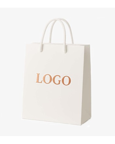 Sacs papier personnalisés blanc grand format Antarell avec marquage cuivré à chaud élégant