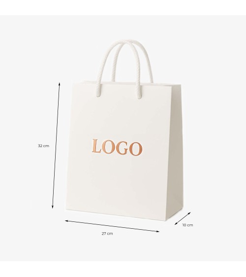 Sacs papier personnalisés blanc grand format Antarell avec gravure à chaud blanche contemporaine