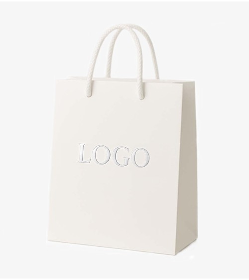 Sacs papier personnalisés blanc grand format Antarell avec logo fini argenté gravé à chaud Sacs papier personnalisés blanc grand format Antarell avec logo fini argenté gravé à chaud