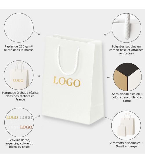 Sacs papier personnalisés blanc grand format Antarell avec marquage doré à chaud intemporel