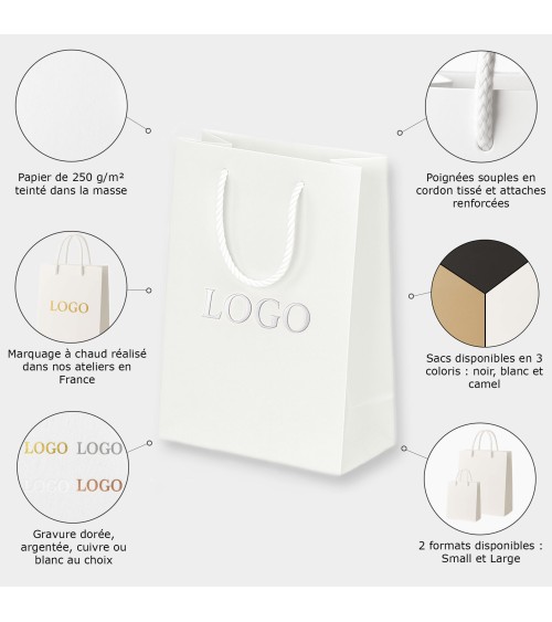 Sacs papiers personnalisés blanc petit format Antarell avec logo argenté gravé à chaud Sacs papiers personnalisés blanc petit format Antarell avec logo argenté gravé à chaud