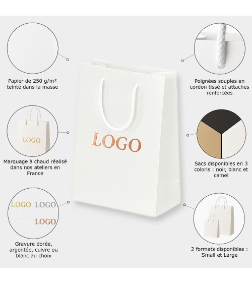 Sacs papier personnalisés blanc petit format Antarell avec marquage cuivré à chaud raffiné Sacs papier personnalisés blanc petit format Antarell avec marquage cuivré à chaud raffiné