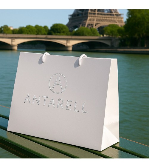 Sacs papiers personnalisés blanc petit format Antarell avec logo argenté gravé à chaud