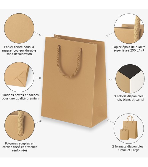 Sacs papier personnalisés camel grand format vierge Antarell en papier premium avec anses cordon Sacs papier personnalisés camel grand format vierge Antarell en papier premium avec anses cordon