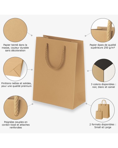 Détail du sac cadeau camel grand format Antarell en papier rigide 250 g et anses tressées