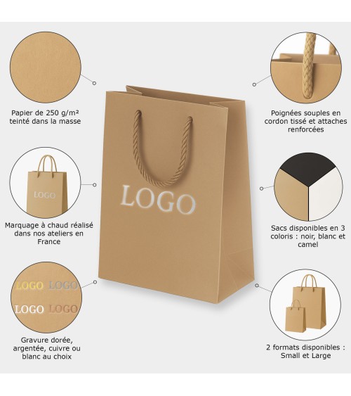 Sacs papier personnalisés camel petit format Antarell avec logo argenté gravé à chaud