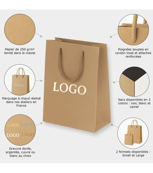 Sacs papier personnalisés camel grand format Antarell avec logo fini argenté gravé à chaud