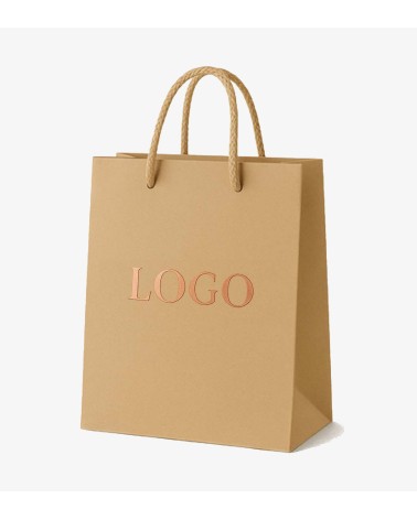Sacs papier personnalisés camel grand format Antarell avec marquage cuivré à chaud élégant