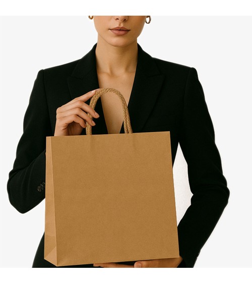 Sacs papier personnalisés camel petit format vierge Antarell en papier premium avec anses cordon