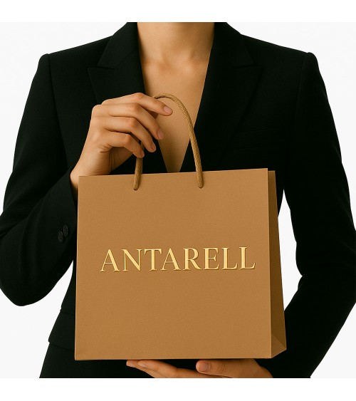 Sacs papier personnalisés camel petit format Antarell avec marquage doré à chaud élégant