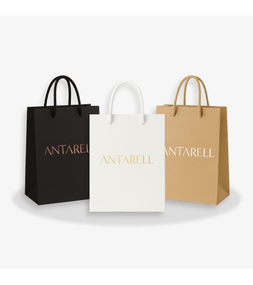 Sacs papier personnalisés échantillon trio petit format personnalisé Antarell en papier premium avec anses cordon Sacs papier personnalisés échantillon trio petit format personnalisé Antarell en papier premium avec anses cordon