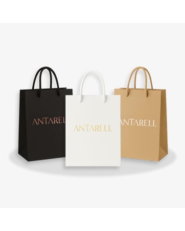 Sacs papier personnalisés échantillon trio petit format personnalisé Antarell en papier premium avec anses cordon