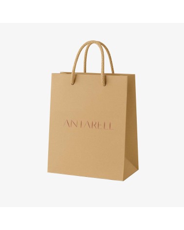 Sac cadeau camel petit format Antarell personnalisé gamme échantillon avec marquage cuivré à chaud raffiné