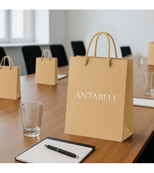 Sacs papier personnalisés échantillon trio petit format personnalisé Antarell en papier premium avec anses cordon