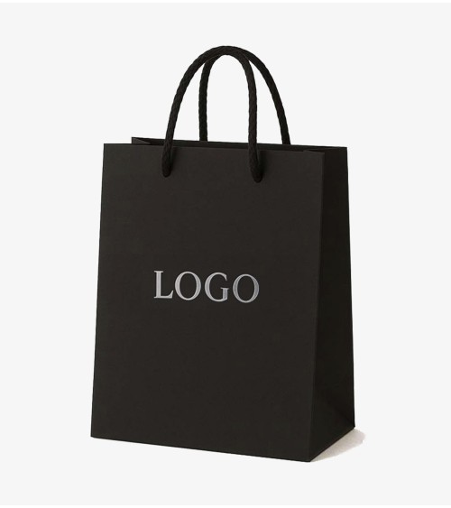 Sacs papier personnalisés noir grand format Antarell avec logo fini argenté gravé à chaud Sacs papier personnalisés noir grand format Antarell avec logo fini argenté gravé à chaud