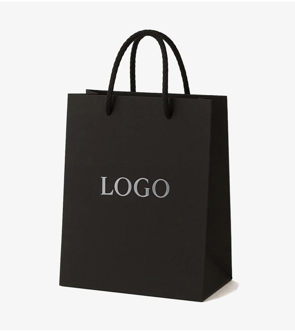 Sacs papier personnalisés noir grand format Antarell avec logo fini argenté gravé à chaud Sacs papier personnalisés noir grand format Antarell avec logo fini argenté gravé à chaud