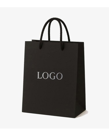 Sacs papier personnalisés noir grand format Antarell avec logo fini argenté gravé à chaud