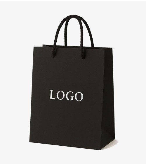 Sacs papier personnalisés noir grand format Antarell avec gravure à chaud blanche contemporaine