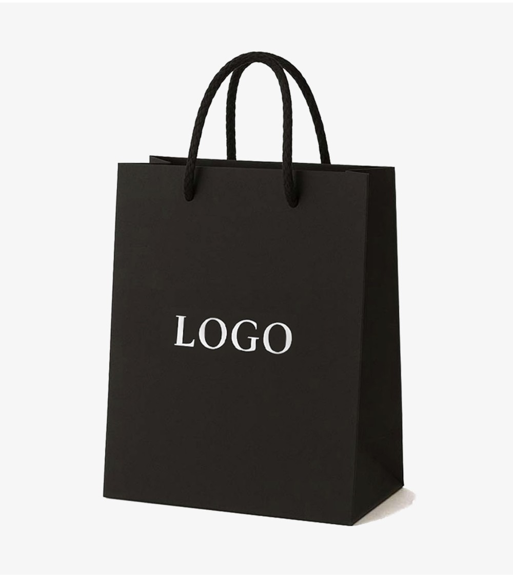 Sacs papier personnalisés noir grand format Antarell avec gravure à chaud blanche contemporaine