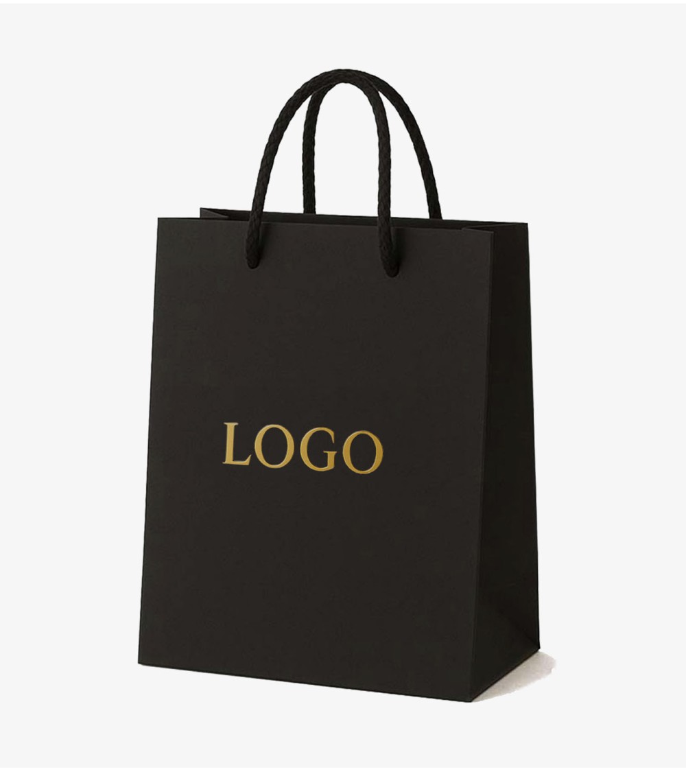 Sacs papier personnalisés noir grand format Antarell avec marquage doré à chaud intemporel Sacs papier personnalisés noir grand format Antarell avec marquage doré à chaud intemporel