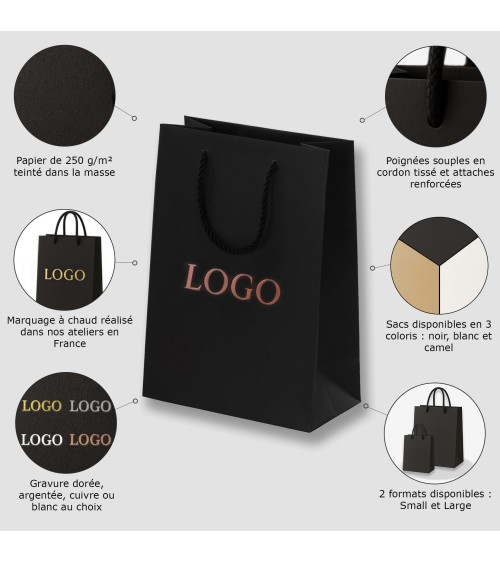 Sacs papier personnalisés noir grand format Antarell avec marquage cuivré à chaud élégant