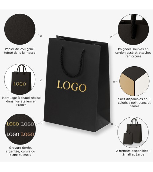 Sacs papier personnalisés noir grand format Antarell avec marquage doré à chaud intemporel