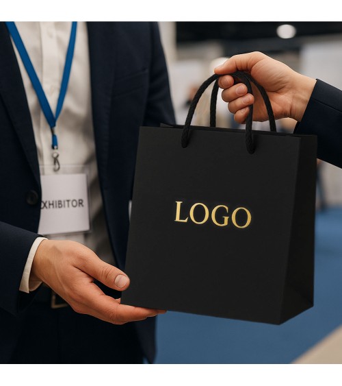 Sacs papier personnalisés noir grand format Antarell avec marquage doré à chaud intemporel