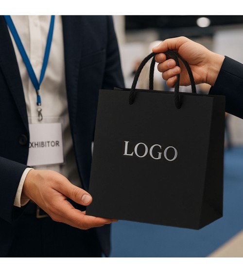 Sacs papier personnalisés noir grand format Antarell avec logo fini argenté gravé à chaud