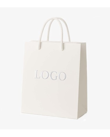 Sacs papier personnalisés blanc grand format Antarell avec logo fini argenté gravé à chaud