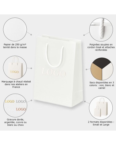 Gros plan sur la personnalisation blanche gravure à chaud du sac cadeau blanc grand Antarell