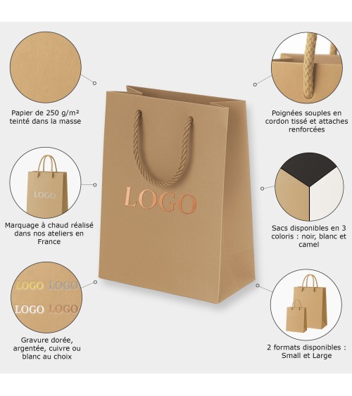 Sacs papier personnalisés camel grand format Antarell avec marquage cuivré à chaud élégant