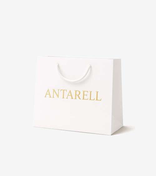 Sacs papier personnalisés blanc grand format horizontal Antarell avec marquage doré à chaud intemporel