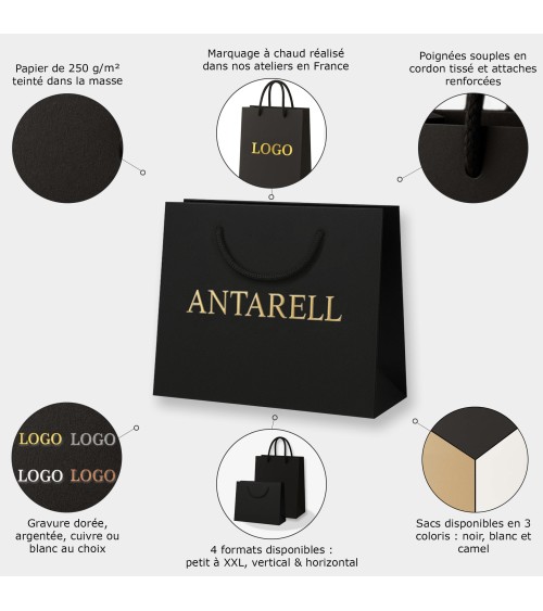 Sac Papier Luxe Noir PERSONNALISABLE pour Boutique L43 x H32 x P14 cm (XXL) – Dorure Logo