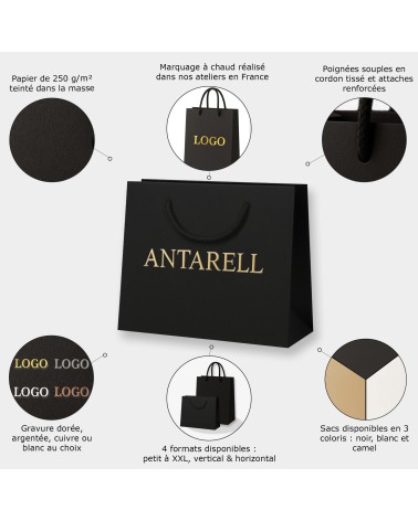 Sac Papier Luxe Noir PERSONNALISABLE pour Boutique L43 x H32 x P14 cm (XXL) – Dorure Logo
